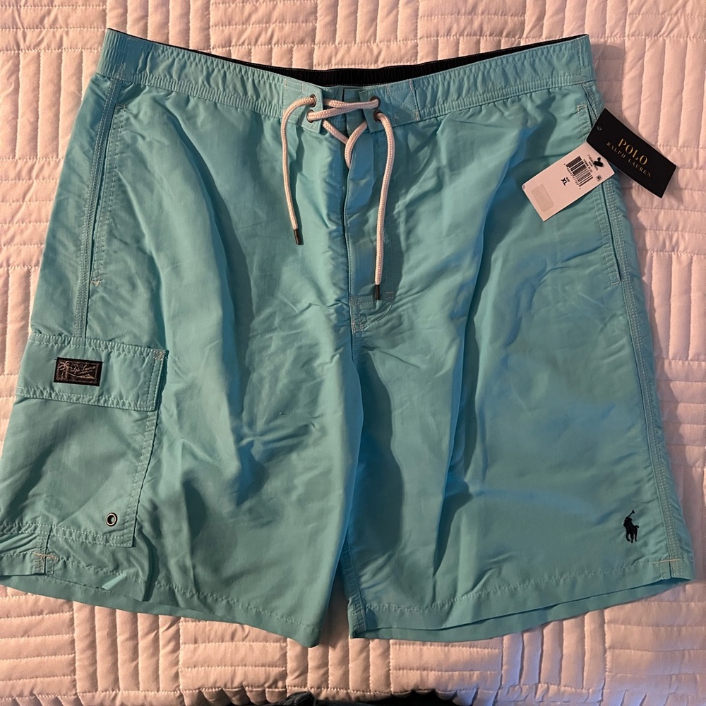 New w Tags Polo Ralph Lauren Men’s Light Aqua Blue XL Swim Trunks w Mesh